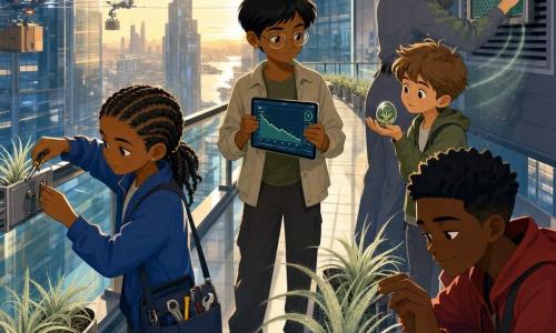 Five characters: Yara, 11, tan skin, tight braids, blue jacket with a small tool pouch, on the left fastening a planter to the skywalk railing; Milo, 11, small, light brown tousled hair, curious expression, slightly back on the right holding a green Aerophylla capsule in his palm; Lina, 11, short black hair, thin glasses, neutral outfit, center, holding a tablet showing air-quality data; Jax, 11, tall for his age, smirking, red jacket, crouched by the planters gently brushing a pale green frond; Ms. Sato, engineer, 35–40, hair tied back, green-stained sleeves, gray work suit, standing behind supervising and plugging a small electrofilm filter frame into a vent. Location: a wide glass skywalk between two futuristic towers on the 32nd floor with transparent railings, embedded floor lights, polished glass buildings and aerial freight lanes in the background, golden evening light, small metal planters along the edge and a glimpse of a sparkling river below. Main action: the children and the engineer are installing Aerophylla plants and filter frames; pale fronds unfurl, fine gray dust clings to leaves, a small electrofilm device emits a subtle halo, and Lina’s tablet shows a descending air-quality curve — cooperative, optimistic scene with sharp shapes and contrasting colors (soft greens, blue-gray buildings, warm lighting).