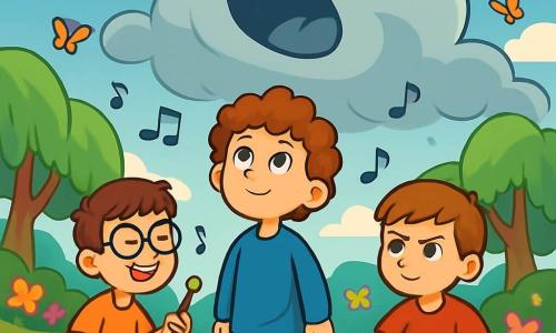 There are three characters: - Oliver: a 12-year-old boy with curly hair and sparkling eyes. He wears a blue tunic and green pants, standing in the center, curiously looking up at the sky. - Jasper: a 12-year-old boy, slightly taller than Oliver, with round glasses and a mischievous smile. He is to the left of Oliver, playing a xylophone made of stones and branches, with a joyful expression. - Finn: a 12-year-old boy with brown hair and a thoughtful look. He is to the right of Oliver, clapping his hands on an overturned pot, with a determined look on his face. The setting is in Slumber Valley, an enchanting landscape filled with gentle hills covered in colorful flowers and tall trees with drooping leaves. The sky is bright blue, dotted with fluffy clouds lazily floating by. Colorful butterflies dance in the air, adding a touch of magic to the environment. The main situation shows the three friends playing a cheerful melody to distract the Great Yawn, a massive, misty creature lazily stretching above them with its mouth wide open in a yawn. The children, surrounded by floating musical notes, appear full of energy and determination, while the Yawn, intrigued, begins to slowly shrink.