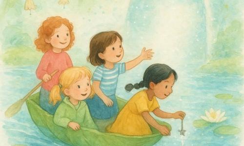 Four girls in a small leaf-boat float along a narrow sky-blue river with silver ripples, bordered by large leaves and softly washed aquatic flowers; Lily, 5, blond pigtails and a light green coat, sits front-right gazing at the water in wonder; Mia, 5, short brown hair and a blue-and-white striped tee, sits mid-left reaching toward a thin curtain of mist opening into a shimmering arch; Zoé, 6, black braided hair and a mustard-yellow dress, sits mid-right leaning over with a small cup to retrieve a falling silver star-key from the water; Ana, 5, curly red hair and a pink sweater, stands at the boat's rear smiling and holding a tiny rudder made from a twig; they drift toward a misty doorway with a distant celestial garden of hanging bells and pastel cushion hills, in a luminous, joyful scene painted in a soft watercolor palette of sky blues, tender greens, warm yellows and silver highlights.
