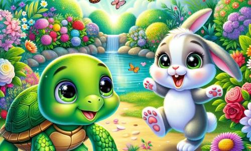 A little turtle named Timmy, with a shiny green shell and large, sparkling eyes full of curiosity, stands at the edge of a beautiful garden. He smiles in wonder, his little front paws reaching out towards the colorful flowers. Next to him, an adorable bunny named Benny, with soft white fur and tall ears, jumps for joy. His eyes are filled with excitement as he points to a flower with his paw. The garden is enchanting, filled with vibrant flowers of all colors, butterflies fluttering in the air, and a shimmering pond under the sun. Rays of light filter through the tree leaves, creating a magical atmosphere. Timmy and Benny, amazed by the garden's beauty, are about to chase the butterflies, ready for a new adventure together.