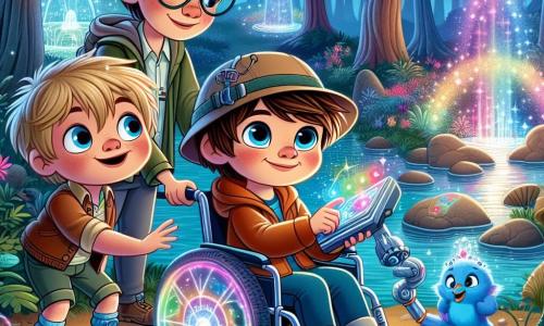 In an enchanted clearing, three friends stand together. Max, a 10-year-old boy with messy brown hair and round glasses, is fiddling with a shiny gadget, the Magic-o-Meter, which emits colorful lights. Next to him, Leo, a 9-year-old boy with blond hair and an explorer hat, gazes in wonder at the starry sky, his eyes sparkling with curiosity. Finally, Finn, a 10-year-old boy with brown hair and a smile, sits in his magical wheelchair with sparkling wheels, pointing at a small blue creature that just emerged from a silver box. The clearing is surrounded by tall trees with multicolored trunks, and brightly colored flowers gently sway in the wind. A sparkling stream flows nearby, reflecting the stars in the night sky. In the center of the scene, the small blue creature, Zippy, with big round eyes and a bright smile, explains that it has lost its precious gem. The friends, determined and cheerful, prepare to help in this magical quest under the starry sky.