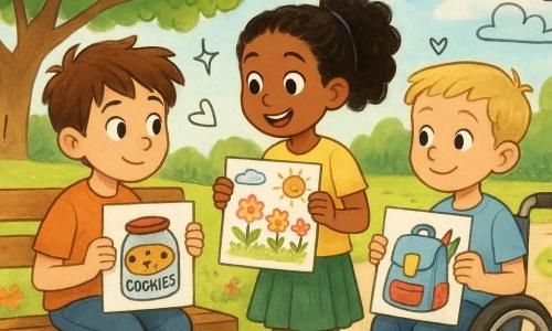 There are three characters: - A boy named Tom, 8 years old, with messy brown hair and curious eyes. He is sitting on a park bench, holding a drawing of a cookie box. - A girl named Aisha, 8 years old, with curly black hair tied in a ponytail and sparkling eyes. She is standing next to Tom, showing a drawing of a garden. - A boy named Milo, 8 years old, with short blond hair and a gentle smile. He is sitting in a small wheelchair next to Tom and Aisha, holding a drawing of a backpack with crayons. The setting is a sunny park with long pathways, wooden benches, and a large majestic oak tree in the background. Colorful flowers dot the ground around the children, and the sky is a bright blue with a few fluffy white clouds. The main situation shows the three friends discussing their plans to help refugee children. They are focused and enthusiastic, sharing their ideas through colorful drawings. The atmosphere is joyful and hopeful, with doodles of hearts and stars floating around them, symbolizing their compassion and creativity.