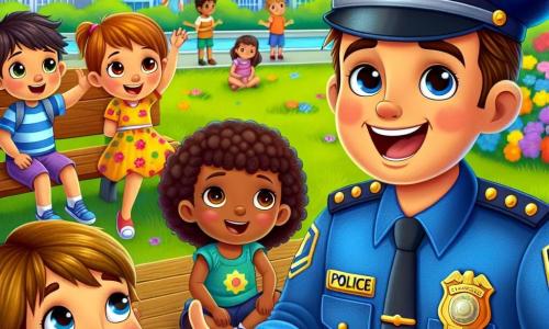 Um policial, o Sargento Carlos, sorridente e caloroso, veste um uniforme azul com um distintivo brilhante no peito. Ele tem cabelos castanhos e um bigode fino, e está falando entusiasticamente com um grupo de crianças. Entre elas, está uma menina de 8 anos, Júlia, com cabelos cacheados e um vestido colorido, que o escuta atentamente, com os olhos brilhando de empolgação. Ao lado dela, um menino de 7 anos, Lucas, com cabelos loiros e olhos curiosos, levanta a mão para fazer uma pergunta, exibindo um grande sorriso. A cena ocorre em um parque ensolarado, cheio de flores coloridas e árvores verdes, com crianças brincando ao fundo. Um banco de madeira está próximo, onde o Sargento Carlos se sentou para conversar. A situação principal mostra o Sargento Carlos compartilhando histórias cativantes sobre seu trabalho como policial com as crianças, que estão fascinadas por seus relatos e sonham em se tornar heróis como ele.