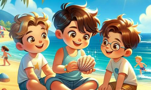 In una scena soleggiata su una spiaggia dorata, tre ragazzi sono riuniti. Carlo, un ragazzo di 11 anni con capelli castani e occhi brillanti, tiene in mano una conchiglia iridescente, il viso illuminato dall'eccitazione. Alla sua sinistra, Luca, un ragazzo di 10 anni con capelli ricci e un sorriso radioso, si piega per ammirare la conchiglia, con le braccia tese in avanti. A destra, Marco, un ragazzo timido di 11 anni con capelli castani e occhiali, sfoglia un libro sulle creature marine, seduto sulla sabbia fine con le gambe incrociate. Sullo sfondo, si vede un gruppo di vacanzieri che gioca in acqua e ombrelloni colorati che aggiungono un tocco di allegria. I tre amici hanno appena scoperto una conchiglia magica che, secondo la leggenda, può esaudire desideri. Si radunano intorno alla conchiglia, pronti a fare un desiderio insieme, i loro volti raggianti di attesa e gioia.