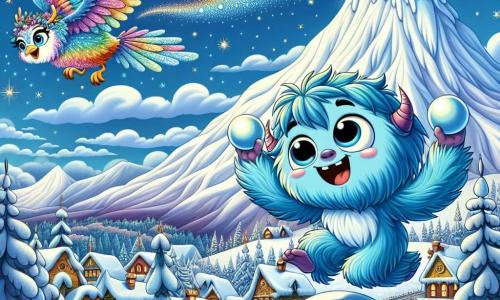 Op de top van de Glanzende Berg springt een klein monster genaamd Bibi, een jongen met een blauwe vacht zo zacht als een wolk, blij met een grote glimlach op zijn gezicht. Zijn ronde, vriendelijke ogen stralen van opwinding terwijl hij sneeuwballen voorbereidt om de berg te beschermen. Naast hem staat Aurora, een majestueuze magische vogel met glinsterende veren in alle kleuren van de regenboog, die Bibi met welwillendheid aankijkt, klaar om hem te helpen. De omgeving is betoverend: de Glanzende Berg is bedekt met een dikke laag glinsterende sneeuw, en de lucht is diepblauw, bezaaid met fonkelende sterren. De top van de berg schittert als een diamant onder de zon, wat een magische sfeer creëert. Bibi gooit sneeuwballen naar een dreigende storm die nadert, terwijl Aurora majestueus de lucht in stijgt, klaar om haar vriend te begeleiden. Samen staan ze tegenover de storm, verenigd in hun missie om het magische licht van de berg te beschermen.