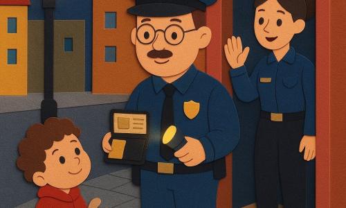 Un poliziotto sorridente e calmo, volto rotondo, occhiali sottili, leggero baffo, uniforme blu pulita con distintivo brillante, mostra il portafoglio aperto con il tesserino e una piccola torcia gialla accesa; a destra in fondo una collega di circa 30 anni con capelli raccolti in chignon e giacca più corta saluta dalla porta; a sinistra, sul marciapiede, un bimbo di 5 anni con capelli ricci e cappotto rosso tiene un peluche e lo osserva con ammirazione; strada cittadina al crepuscolo con lampioni che diffondono luce soffusa, selciato grigio e facciate colorate; atmosfera calma e rassicurante, colori caldi e forme semplici.