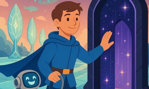 A young man, Captain Orion, calm smiling face, attentive gaze, short brown hair, blue cape flowing, holding a silver headset in one hand and reaching with the other toward a glowing arch; Orion is moved and serene with a soft confident expression, standing in the foreground near the arch; Luma, a small round backpack-like assistant robot with a screen-face showing a big smile and wheels, rolls beside Orion holding an open toolbox; Sif, a small translucent wind-spirit shaped like a dragonet in pale turquoise with curling wings, loops above Orion’s shoulder trailing stardust; background features large feather-like glass turbines with rune-etched blades aligned on crystal walkways reflecting the sky, some blades glowing brighter; the central 