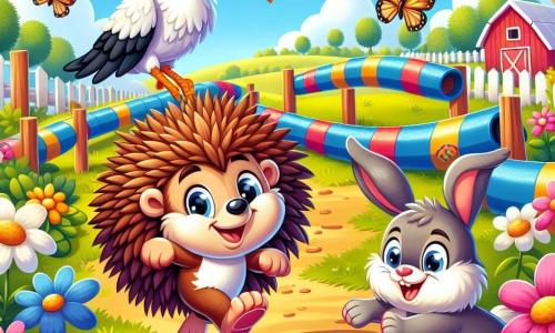 Un mic arici pe nume Dudu, cu blana brună și țepi moi, zâmbește fericit în timp ce aleargă printr-un parc de obstacole colorat, înconjurat de flori strălucitoare și fluturi jucăuși. Aproape, o rață pe nume Marta, cu pene albe și cioc galben, s-a oprit râzând, cu aripile ușor desfăcute, admirându-l pe Dudu. Un iepuraș pe nume Bubu, cu urechi mari și blană gri, sare peste un obstacol, având o expresie hotărâtă și amuzată. În fundal, o fermă pitorească se înalță sub un cer albastru deschis, cu câmpuri verzi, o magazie roșie și pomi fructiferi. Scena reprezintă o cursă de obstacole veselă și plină de râsete, unde prietenii animale se distrează împreună, creând o atmosferă de camaraderie și aventură.