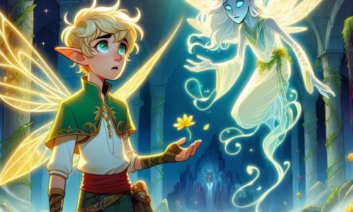 Fynn, een jonge elf met glanzende groene vleugels en een gouden lichaam, staat in het midden van een mysterieuze ruïne, zijn gezicht getekend door bezorgdheid en vastberadenheid. Hij kijkt om zich heen, klaar om zijn angsten onder ogen te zien, met kleurrijke bloemen die aan zijn voeten groeien. Eldrin, een oude transparante geest met delicate vleugels en een treurig gezicht, zweeft in de buurt, zijn ogen stralend van hoop en wijsheid, en moedigt hem aan met een gebaar. De ruïne is omhuld door een lichte mist, met oude stenen bedekt met mos en dansende schaduwen op de muren, wat een zowel magische als onheilspellende sfeer creëert. Fynn bereidt zich voor om de vloek van de ruïne te doorbreken, zijn magische energie concentrerend om het licht vrij te laten dat de duisternis zal verdrijven.