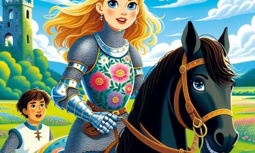Eine mutige Ritterin, Helena, steht stolz auf ihrem schwarzen Pferd, Sturmwind. Sie trägt eine glänzende Rüstung mit floralen Mustern und ihr Gesicht zeigt einen kühnen Entschluss, mit Augen, die vor Tapferkeit strahlen. Ihre langen blonden Haare wehen im Wind und verleihen ihrem heroischen Aussehen Licht.

In der Nähe beobachtet ein 12-jähriger Knappe, Thomas, Helena bewundernd. Er trägt eine einfache Tunika und hält ein kleines Holzschild, bereit, ihr zu helfen. Sein Gesicht ist von Aufregung und Angst geprägt, seine großen Augen auf die Ritterin gerichtet.

Die Szenerie ist ein grünes Feld, übersät mit bunten Blumen, unter einem strahlend blauen Himmel mit einigen weißen, bauschigen Wolken. Am Horizont sind die Ruinen einer alten Burg zu sehen, die der Szene ein Hauch von Geheimnis verleiht.

Helena bereitet sich darauf vor, ihren Weg aus drei Pfaden zu wählen: einer führt in einen dunklen Wald, der andere zu einem alten Turm und der letzte quer über das Feld. Die Atmosphäre ist voller Erwartung, während sie eine entscheidende Entscheidung für ihr Abenteuer treffen muss.