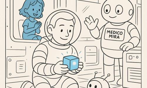Un hombre astronauta, Leo, aparece tranquilo y concentrado, sonriendo ligeramente; casco redondo, traje espacial acolchado con bandas, rodillas algo flexionadas, sostiene un pequeño cubo luminoso con ambas manos frente al pecho. Al fondo, a la izquierda, a través de una puerta acristalada, una niña extraterrestre de unos 6 años de piel azul y cabellos flotantes aplaude suavemente desde una silla flotante. A la derecha, el robot médico Mira, grande y redondeado, está junto a una consola con gesto acogedor; su placa dice MÉDICO MIRA. Nube, una pequeña esfera asistente, flota cerca del hombro de Leo mostrando una pantalla con dos ojos. El lugar es un pasillo estrecho del Módulo de Servicio con tuberías y paneles, suelo antideslizante y luz indirecta; Leo ha encontrado el cubo de datos y calma un pequeño dron de mantenimiento en forma de abeja cuya luz roja se vuelve azul, escena de rescate tranquila.