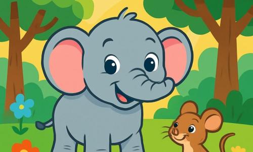 Un elefant blând și vesel, Eli, cu pielea gri și urechile mari roz, stă în centrul scenei, privindu-se în jur cu ochii strălucitori și curioși. Are un zâmbet larg pe față, arătându-și dorința de a-și ajuta prietenii. Aproape de el, o mică șoarece cu blana maro, cu ochii sclipitori și o coadă zvâcnind, îl observă pe Eli cu admirație, pregătită să-l însoțească în căutarea sa. În fundal, o pădure fermecată se întinde, cu copaci înalți cu frunze verzi strălucitoare și flori colorate care dansează în vânt. Razele soarelui filtrează printre ramuri, creând umbre blânde pe sol. Eli, hotărât, începe căutarea pentru a reda zâmbetul prietenilor săi, pregătit să aducă bucurie în această pădure tristă.