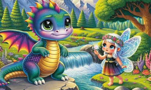 Ein kleiner Drache namens Felix mit schimmernden Schuppen in Regenbogenfarben steht auf einem großen Stein am Ufer eines Baches. Er hat einen traurigen Ausdruck im Gesicht, seine leuchtenden Augen verraten eine sanfte Melancholie, während er auf das fließende Wasser schaut. Neben ihm steht seine beste Freundin, eine kleine Fee namens Mia, mit glitzernden Flügeln und einem Kleid aus Blütenblättern, die ihn mit Mitgefühl ansieht. Sie hat ein ermutigendes Lächeln und streckt eine Hand nach ihm aus, um ihn aufzumuntern. Im Hintergrund ist die Landschaft bezaubernd: grüne Berge erheben sich unter einem klaren blauen Himmel, der mit bauschigen Wolken gesprenkelt ist. Bunte Blumen säumen den Bach, und majestätische Bäume stehen auf beiden Seiten, was eine magische und friedliche Atmosphäre schafft. Die Hauptsituation zeigt Felix, den Drachen, der traurig und verwirrt über die Veränderungen in seiner Familie ist, während Mia, die Fee, versucht, ihn zu trösten und ihm zu zeigen, dass er in dieser Prüfung nicht allein ist.
