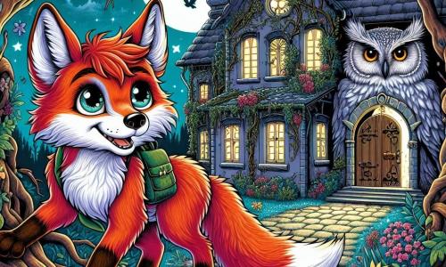 Een jonge vos met vurig vacht en nieuwsgierige, vastberaden ogen staat voor een mysterieuze oude villa, zijn hart klopt van opwinding en angst. Hij kijkt naar de krakende deur, klaar om binnen te gaan, zijn poten trillen lichtjes. Op de achtergrond observeert een grote uil met zachte, zilveren veren Fenix vanuit een tak, met een wijze en aanmoedigende blik, zijn ogen stralend van intelligentie en mysterie. De villa, omringd door dichte, wilde vegetatie, is bedekt met klimop en verwelkte bloemen, de donkere ramen lijken de vos te observeren terwijl een zilveren maan de scène verlicht met een spookachtige gloed. Fenix bereidt zich voor om de drempel van het spookhuis over te stappen, waar schaduwen dansen en vergeten geheimen fluisteren, wat een zowel angstaanjagende als fascinerende sfeer creëert.