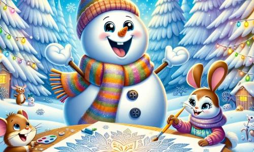 Ein fröhlicher kleiner Schneemann namens Frosty, mit großen Karottenaugen, einem breiten Steingesicht und einem hübschen bunten Schal, steht in der Mitte der Szene mit offenen Armen und strahlt vor Glück, während er sein winterliches Kunstwerk bewundert. Rechts von ihm malt eine kleine Maus namens Mia, mit braunem Fell und funkelnden Augen, begeistert Schneeflocken auf ein großes Stück Papier, ihr Gesicht leuchtet vor Aufregung. Links springt ein kleiner Hase namens Hopsi, mit großen Ohren und weißem Fell, fröhlich herum und hält einen Strauß schneebedeckter Zweige, sein Gesichtsausdruck ist voller Freude und Energie. Die Szene spielt in einem verzauberten Wald, wo majestätische Bäume mit einer dicken Schicht glitzernden Schnees bedeckt sind und der Himmel strahlend blau ist, durchsetzt mit sanft fallenden Schneeflocken. Frosty und seine Freunde schaffen eine wunderschöne Kunstausstellung zum Thema Winter, umgeben von ihren bunten Werken und feiern die Schönheit und Magie dieser Jahreszeit.