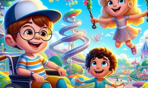 In een futuristisch park in de stad Glimluchter zijn drie vrienden bijeen. Sam, een 10-jarig jongen met bruin haar en ronde bril, zit in zijn rolstoel en glimlacht enthousiast. Rechts van hem is Lotte, een 9-jarig meisje met blond, krullend haar, in een kleurrijke jurk, die zich voorbereidt om van een drijvende glijbaan te glijden. Links springt Max, een 10-jarige jongen met zwart haar en een pet, vrolijk bij een schommel die de wolken lijkt te raken. Het park is gevuld met felle kleuren en magische structuren: bomen met glinsterende bladeren, spelletjes die in de lucht zweven, en bloemen die dansen op de maat van een zachte melodie. De lucht is helderblauw met snoepvormige wolken. De vrienden staan op het punt samen van de magische glijbaan te glijden, lachend en elkaar aanmoedigend, klaar voor een onvergetelijk avontuur in hun futuristische stad.