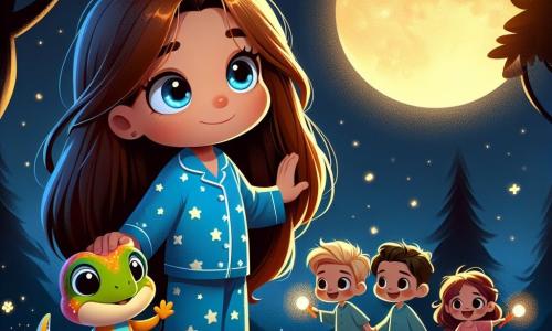 Una bambina di 5 anni, di nome Sofia, si trova al centro dell'immagine, con lunghi capelli castani e occhi brillanti di curiosità. Indossa un pigiama blu con stelle bianche e ha un leggero sorriso sul viso, che mostra come stia superando la sua paura del buio. Sofia guarda con meraviglia una grande luna dorata che brilla nel cielo notturno, circondata da piccole stelle scintillanti. Accanto a lei, una lucertola colorata di circa 10 cm si trova su una pietra, con un'espressione amichevole e incoraggiante, sembrando danzare gioiosamente per rassicurare Sofia. Sullo sfondo, un piccolo gruppo di amici di Sofia, due ragazzi e una ragazza, tutti di circa 5 anni, tengono torce accese e sorridono, creando un'atmosfera di cameratismo e avventura. La scena si svolge in un parco tranquillo, con alberi dalle silhouette scure e fiori che si delineano alla luce della luna. Il terreno è coperto di erba verde e morbida, e le lucciole illuminano l'aria, aggiungendo un tocco magico alla notte. La situazione principale mostra Sofia, circondata dai suoi amici, mentre esplorano il parco sotto la luce della luna, scoprendo che il buio può essere un luogo pieno di meraviglie e amicizie, mentre ridono e si divertono insieme.