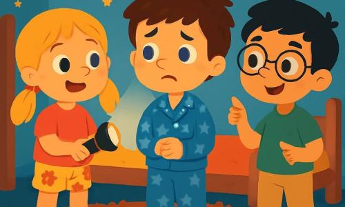 Hay 3 personajes: - Lucas: un niño de 6 años, con el cabello castaño despeinado y ojos azules. Lleva un pijama azul con estrellas blancas y está en el centro, un poco preocupado, mirando a su alrededor. - Ana: una niña de 5 años, con el cabello largo y rubio, recogido en dos coletas. Lleva una camiseta rosa y un short de flores. Está a la izquierda de Lucas, sonriendo, sosteniendo una pequeña linterna que ilumina suavemente la habitación. - Diego: un niño de 6 años, con el cabello negro y gafas redondas. Lleva una camiseta verde y pantalones beiges. Está a la derecha de Lucas, mirando con confianza, listo para contar una historia y tranquilizar a su amigo. El lugar es una habitación infantil acogedora, con paredes pintadas de azul claro y pegatinas de estrellas y planetas. Una cama de madera con sábanas coloridas está al fondo, y una alfombra suave está en el suelo. La luz suave de la linterna crea sombras divertidas en las paredes. La situación principal muestra a Lucas, un poco asustado por la oscuridad, mientras Ana ilumina la habitación con su linterna y Diego se prepara para contar una historia. Los tres amigos están reunidos, rodeados de juguetes coloridos, creando una atmósfera de camaradería y consuelo.