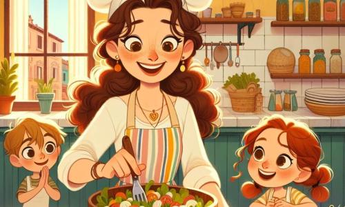 La chef Sofia, una donna di quarant'anni con capelli ricci castani e un sorriso caloroso, si trova al centro della sua cucina vivace, circondata da colori brillanti e ingredienti freschi. Indossa un cappello bianco e un grembiule colorato, mentre mescola allegramente un'ampia insalata in una ciotola di legno, con gli occhi scintillanti di passione e felicità. Accanto a lei, Luca, un ragazzo di 10 anni con occhiali e capelli castani, osserva attentamente, tenendo una carota in una mano e un piccolo coltello nell'altra, pronto ad aiutare. Più lontano, Martina, una ragazza di 9 anni con capelli rossi e trecce, sorride mentre aggiunge pomodorini al suo piatto, piena di entusiasmo. La scena si svolge nel bistro 