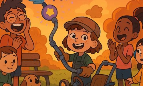 Lola, inventora sonriente de rostro redondo y pecas, con gorra y un largo brazo mecánico rematado en una gran pluma que activa con un botón morado, está en un parque al atardecer con Hugo (9) riendo, Mía (8) aplaudiendo, Tomás (7) sentado junto a su perro pequeño y Sara (8) tímida junto al carrito; la máquina, con ruedas envueltas en calcetines viejos y un visor circular, entra en 