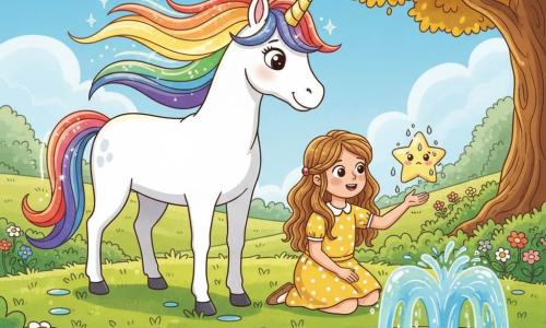 Een witte eenhoorn genaamd Luna met een glanzende regenboogmanen en een fonkelende gouden hoorn helpt een kleine ster op te stijgen; ze heeft een zachte, zelfverzekerde blik, hoefjes op het natte gras en een beschermende houding naar het meisje en de ster. Het meisje Lila, ongeveer 6 jaar, met golvend lichtbruin haar en een gele jurk met witte stippen, knielt bij een fontein en reikt vriendelijk naar de ster. De kleine gevallen ster is bleekgeel met roze wangetjes, nat van druppels en van angst naar moedig veranderd, en zweeft net boven Lila’s hand. De scène speelt in een betoverde vallei onder altijd blauwe lucht, met bloemrijke weiden, zacht groen gras en een grote boom met gouden bladeren op de achtergrond; centraal een kristallen fontein die licht weerkaatst in diamanten vonkjes. Warm goudkleurig licht, magische veilige sfeer, levendige contrastrijke kleuren, zachte schaduwen, strak vectorstijl simpel en kindvriendelijk. Compositie: eenhoorn links, meisje in het midden bij de fontein, ster stijgend rechtsboven, hemel bezaaid met verzamelde kleine sterren.