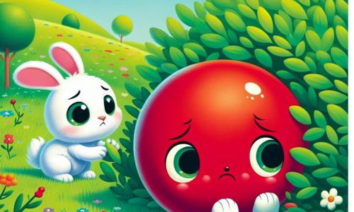 Poppy, una palla rossa brillante e rotonda, è bloccata in un cespuglio verde, con un'espressione di preoccupazione sul volto. I suoi occhi sono grandi e tristi, e sembra chiedere aiuto. Benny, un coniglio bianco con orecchie lunghe e morbida pelliccia, è accanto a lei, guardando con determinazione. Sembra un po' preoccupato ma pronto ad aiutare, con le zampe anteriori appoggiate sul cespuglio, pronto a spingere. La scena si svolge in un prato soleggiato, pieno di fiori colorati e alberi verdi, con un cielo azzurro e nuvole bianche. L'erba è morbida e verdeggiante, creando un'atmosfera gioiosa e amichevole. Benny e Poppy lavorano insieme per liberare Poppy dal cespuglio, illustrando l'importanza dell'amicizia e della solidarietà.
