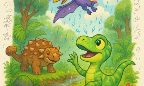 Ein kleiner lebhafter Velociraptor namens Riko mit hellgrün schuppigem Fell und zitronengelben Streifen, staunendem Blick und fröhlichem Lächeln, hebt eine Kralle zum Himmel, während große Regentropfen auf seinen Kopf prasseln; links und im Hintergrund nahe den Farnen steht Timo, ein stämmiger Ankylosaurus mit braunen Platten und buckeligem Rücken, stolz und wohlwollend, er klopft sanft mit seiner Keule auf den Boden; darüber kreist Lila, ein junger Pteranodon mit breiten Flügeln und violetten Federn, lachenden Augen und funkelnden Wassertropfen auf den Flügeln; Schauplatz: eine feuchte Lichtung mit riesigen Farnen, knotigen Bäumen, einem schlammigen Bach im Vordergrund, moosbedeckten Steinen und regenbenetzten bunten Blumen; Situation: nach der Dürre beginnt der Regen, die drei Freunde tanzen und blicken zum Himmel, wo ein helles Regenbogenband zwischen weichen Wolken erscheint, fröhliche Stimmung, satte Farben und taktile Texturen.