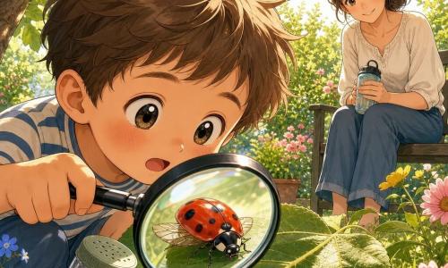A 4-year-old boy with a round face, rosy cheeks, tousled brown hair and wide curious eyes kneeling by a leaf, holding a magnifying glass in one hand and a small perforated jar in the other, watching a red ladybug with black spots; his mother, about 32, chestnut hair in a low bun and a tender smile, sits on a bench in the background right holding a water bottle and looking at him with pride; the ladybug is on a shiny green leaf with tiny legs and slightly open wings, sharply in focus near the magnifying glass; the garden has textured green grass, colorful flowers (blue, yellow, pink) and a fig tree with large leaves casting shade, warm summer morning light with sun rays through the leaves; close, peaceful attentive scene with a soft luminous palette, expressive manga-style lines, focus on the magnifying glass enlarging the ladybug, calm curious atmosphere.