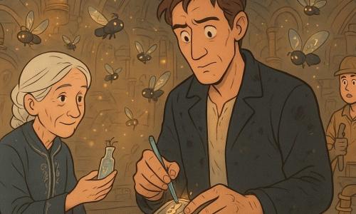 An adult man, Arlo, concentrates in wonder with furrowed brow and a faint worried smile, tousled hair and slim tall build, wearing a grease-stained dark jacket, holding a small shining stylus and a tiny engraved plate against a polished metal engine casing; an elderly woman, Mira (~70), in a silver-embroidered coat with white braided hair and a calm kindly gaze, extends a tiny vial of shimmering liquid from the left while standing on a metal walkway; a young technician (~25) in a helmet watches in surprise from the right background near a flashing console; hundreds of small luminous creatures called sparkmoths—velvety dark bodies with translucent wings showing spiral glowing numbers (3,5,8,13)—flutter around; the setting is a vast gear-filled chamber with engraved metal vaulting, two huge opposing engines, rotating floating crystal panels, copper pipes, hanging golden lamps and drifting golden steam; Arlo delicately repairs a scratched digit on a synchronization plate with living ink as the sparkmoths light the area and the engines regain harmony, in a warm, metallic, magitech atmosphere.