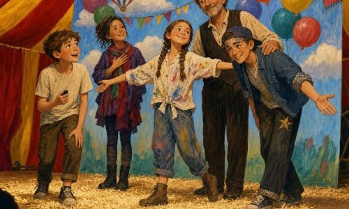 Five characters: Milo, an 11-year-old boy with short brown hair and a simple T‑shirt holding a clicker, standing front left with a look of wonder; Zara, an 11-year-old girl with neat braids and a paint‑stained smock, center on tiptoe proudly showing the large painted backdrop; Ben, an 11‑year‑old tall, thin boy with a backwards cap and glittered eyebrows, right of Zara, slightly bowing; Lila, an 11-year‑old girl with a colorful scarf, standing behind Milo and Zara with a hand on her heart, moved and smiling; and Mr. Plop, a man in his fifties in a plain vest, slightly set back center‑right with a reassuring hand on Zara’s shoulder — inside a circus tent with sawdust floor, red‑and‑yellow striped drapes, blurred audience in the stands and warm lights, ropes, pulleys and a large sparkling painted set (blue sky, colorful balloons, garlands and a patched glittered corner) suspended behind them; they are taking a modest bow at the edge of the stage after the finale, expressions of pride, relief and joy, warm festive atmosphere with vivid colors and visible textures.