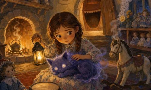 An 8-year-old girl named Mara with large bright eyes, worried but determined expression, chestnut braids and a simple floral dress holds a warm lantern in one hand and gently strokes a shadow creature with the other; Little Night, a cat-sized nocturnal being of violet mist and fuzzy fur with pearly coin-like eyes, purrs on her lap; the cottage itself feels like a warm-faced character inside, with an old stone hearth, creaking floors and faded wallpaper, the doorway like a smiling mouth; in a small stone-walled room lit by golden firelight with a worn red rug, dusty porcelain dolls, a polished rocking horse, lace curtains and lemon-scented steam, Mara helps the house find its laugh by tapping an old drum and tidying toys while the creature listens — a tender, slightly mysterious moment with soft contrasts of blue shadows and warm light and visible gouache textures and broad brushstrokes.