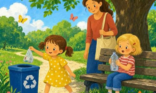 Dos niñas de 4 años recogen basura en un parque: una morena con coletas y vestido amarillo de lunares recoge una bolsita de plástico y la tiende hacia el contenedor de reciclaje azul mientras la otra, rubia de pelo corto, sentada al borde de un banco de madera envejecido, sostiene una botella vacía; detrás, una mujer de unos 30 años con el pelo largo recogido y una pequeña bolsa de lona observa con gesto amable y alentador; alrededor, un gran árbol frondoso con rayos de sol entre las ramas, césped con flores y mariposas y un sendero de grava.