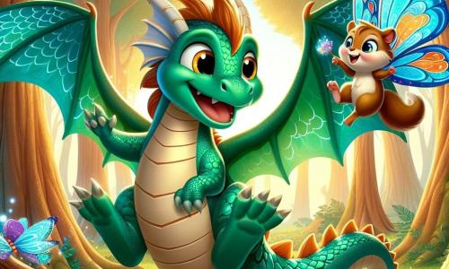 Un dragon măreț numit Doru, cu solzi verzi strălucitori ca smaraldul și ochi mari aurii plini de bucurie, se ridică în aer cu un zâmbet radiant. Aripile sale mari desfăcute strălucesc sub soare, în timp ce se învârte în jurul prietenilor săi. Lângă el, o veveriță mică numită Mira, cu blană moale de culoare brună și ochi vioi, sare de bucurie pe o ramură, aplaudându-l pe Doru cu entuziasm. Este plină de energie și poartă o floare magică în lăbuța ei. Un fluturaș colorat numit Felix, cu aripi decorate cu modele strălucitoare de albastru și portocaliu, zboară în jurul lui Doru, râzând și făcând piruete în aer, adăugând o notă de magie scenei. Scena se desfășoară într-o pădure fermecată, unde copaci mari cu trunchiuri groase și frunze luxuriante creează un dom natural. Flori colorate presară solul, iar un rază blândă de soare filtrează printre ramuri, iluminând locul cu o lumină aurie. Doru, dragonul, tocmai a spart blestemul său și zboară vesel pe cer, înconjurat de prietenii săi, sărbătorind prietenia lor și magia aventurii împreună.