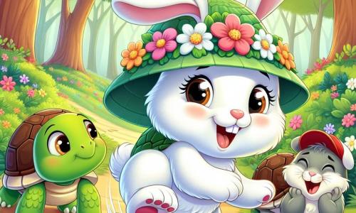Un adorable conejito blanco con grandes orejas, una sonrisa traviesa y ojos brillantes de alegría, está tropezando en un camino de tierra, su gran sombrero colorido cayendo sobre sus ojos. Junto a él, una tortuga verde con una corona de flores en la cabeza, mostrando una expresión divertida, está de pie con las patas cruzadas, observando la escena con una sonrisa cómplice. Un pequeño ratón de pelaje gris, con una gorra roja, se ríe a carcajadas mientras intenta levantarse después de caer en un arbusto, sus ojos brillando de picardía. El escenario es un encantador bosque primaveral, lleno de flores brillantes de todos los colores, árboles majestuosos con troncos gruesos y rayos de sol filtrándose a través del follaje, creando una atmósfera alegre y luminosa. La situación principal muestra a los tres amigos en una carrera loca, donde el conejo tropieza, la tortuga se ríe y el ratón queda atrapado en un arbusto, ilustrando la diversión y la amistad que los une.