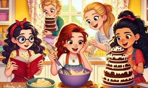 Cuatro chicas de doce años están en una cocina colorida y soleada, rodeadas de tazones de masa para galletas y sobras de pasteles. Clara, con cabello rizado y gafas redondas, está en el centro sosteniendo un libro de recetas, con los ojos brillantes de emoción. A su derecha, Valeria, con cabello liso y una trenza, observa la masa con concentración, lista para mezclar los ingredientes. A la izquierda, Sofía, con cabello pelirrojo y pecas, sonríe mientras añade chispas de chocolate a un gran tazón. Finalmente, Lucía, con cabello negro y una coleta, se ríe mientras intenta estabilizar una torre de pasteles que amenaza con caerse. La cocina está llena de colores vivos: paredes amarillas, cortinas con patrones florales y una gran encimera de madera, donde hay pasteles y utensilios esparcidos. La escena principal muestra a las chicas en acción, intentando construir una torre de pasteles gigante, pero esta comienza a tambalearse, provocando risas y un ambiente alegre.