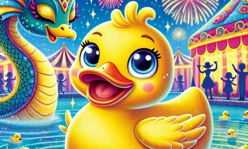 In the center of the image, Benny, a bright yellow rubber duck, joyfully floats on a sparkling pond, his round eyes sparkling with excitement and a wide smile on his beak. He is surrounded by small waves dancing around him, reflecting the sunlight. To the left, Seraphina, a magical dragon-like creature with shimmering scales and a golden horn, stands on the shore. Her expression is gentle and welcoming as she looks at Benny with an encouraging smile, her delicate wings slightly spread. In the background, the scene is a fairy-tale carnival, with colorful tents featuring vibrant patterns, sparkling lanterns hanging from trees, and fireworks lighting up the starry sky. Silhouettes of joyful spectators move about, adding to the festive atmosphere. The main scene shows Benny, full of enthusiasm, ready to dive into the adventure of the Carnival of Wonders, while Seraphina encourages him to explore this magical world before them.