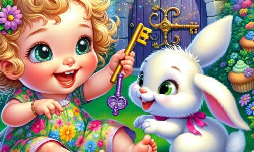 A one-year-old girl named Daisy, with big sparkling eyes and curly golden hair, is sitting on the green grass, laughing heartily. She wears a colorful floral dress and holds a sparkling purple key in her small hand. Next to her is an adorable rabbit named Binky, with white fur and long floppy ears, happily hopping around. He has a mischievous smile and seems ready to lead her on an adventure. The setting is an enchanted garden filled with colorful flowers swaying gently in the breeze, and in the background, a large tree with a round, shining door surrounded by magical light. The scene shows Daisy inserting the key into the lock of the magical door, with bursts of light emanating from it, while dancing cupcakes float around them, creating a joyful and playful atmosphere.