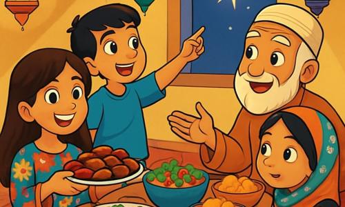Er zijn 3 personages: - Aisha: een 10-jarig meisje met lang bruin haar en sprankelende ogen. Ze draagt een prachtige kleurrijke jurk met bloemmotieven en glimlacht vrolijk terwijl ze een bord met heerlijke dadels vasthoudt. - Karim: een 11-jarige jongen met kort haar en een ondeugende glimlach. Hij is gekleed in een felblauwe t-shirt en beige broek en kijkt verwonderd naar een schitterende ster die door het raam fonkelt. - Noor: een 9-jarig meisje met gevlochten zwart haar en nieuwsgierige ogen. Ze draagt een mooie roze jurk en een kleurrijke sjaal, en ze zit aan de tafel, omringd door smakelijke gerechten, terwijl ze aandachtig luistert naar het verhaal dat een oude man vertelt. De hoofdsetting is een warme kamer, versierd met kleurrijke lantaarns en zachte tapijten. Een grote tafel is vol met traditionele gerechten, zoals salades, kebabs en zoetigheden, terwijl een zachte gouden gloed de ruimte verlicht, wat een feestelijke en gastvrije sfeer creëert. De hoofdactie toont de kinderen rond de tafel, gebiologeerd door het magische verhaal van de oude man, terwijl een fonkelende ster buiten straalt, wat de geest van de Ramadan en het belang van vriendschap en solidariteit symboliseert.