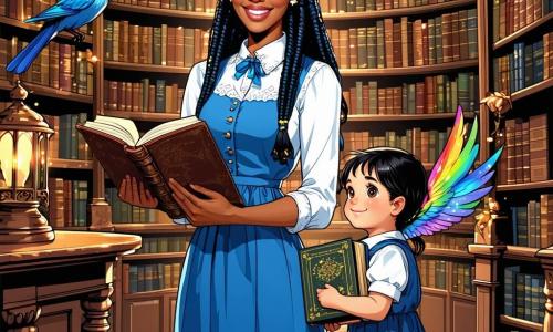 Een glimlachende en verwonderde vrouw (Layla) met glinsterende ogen, een blauw golvende jurk en glad zwart haar houdt in het midden van een magische bibliotheek een groot bewerkt leren atlas vast; links van haar, iets naar voren, staat een ongeveer 8‑jarig meisje met lange zwarte vlechten en een nieuwsgierig blij gezicht dat een kleine open kooi vasthoudt waaruit een regenboogvogel opstijgt; boven de atlas vliegt een iriserende vogel die gouden vonken verspreidt; de ruime bibliotheek heeft gebeeldhouwde houten kasten, zwevende boeken omgeven door zilveren sterrenstof, oosterse glas-in-loodramen met warm goud licht, rode Perzische tapijten en zuilen met arabeske motieven; het atlas opent en laat lichtgevende pagina’s los die zich vormen tot kleine vliegende beelden — magische, warme sfeer, rijke kleuren (diepblauw, goud, rood), duidelijke franco‑Belgische, kindvriendelijke expressieve stijl.