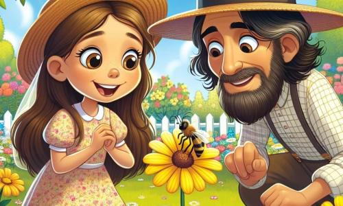 Una niña de 7 años, Emma, con largos cabellos castaños y ojos llenos de curiosidad, se inclina maravillada sobre una brillante flor amarilla en un jardín primaveral. Lleva un vestido ligero de flores y un sombrero de paja, y su rostro irradia alegría y emoción. Junto a ella, el Señor Pérez, un hombre de mediana edad con una sonrisa cálida, lleva un gran sombrero de paja y una camisa a cuadros. Observa atentamente una abeja que poliniza, explicándole a Emma la importancia de los polinizadores. El jardín es un lugar encantador, lleno de flores coloridas, vegetación exuberante y árboles en flor, con un pequeño camino de grava que serpentea entre los parterres. El sol brilla en un cielo azul claro, y los pájaros cantan alegremente en las ramas. La escena principal muestra a Emma y al Señor Pérez explorando y descubriendo la belleza de la naturaleza en primavera, mientras Emma toma notas en su pequeño cuaderno, cautivada por las maravillas que la rodean.