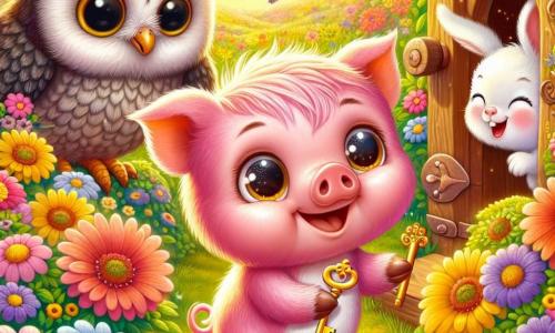 Un piccolo maialino di nome Poldo, con un pelo rosa brillante e occhi scintillanti di curiosità, si trova al centro dell'immagine, sorridendo con entusiasmo mentre tiene una chiave dorata tra le sue piccole zampette. Alla sua destra, un saggio gufo di nome Gino, con piume grigie e grandi occhi rotondi, è posato su un ramo, osservando Poldo con benevolenza, mentre a sinistra, una gioiosa coniglietta di nome Lella, con lunghe orecchie e pelo bianco, danza tra i fiori colorati, aggiungendo un tocco di allegria alla scena. Il contesto è un magnifico prato fiorito, illuminato da una luce dorata, con fiori vivaci di tutti i colori, farfalle che svolazzano e, sullo sfondo, un arcobaleno brillante che tocca quasi il suolo, creando un'atmosfera magica. La situazione principale mostra Poldo, Gino e Lella che scoprono una piccola porta di legno nascosta dietro un cespuglio, con espressioni di meraviglia ed eccitazione sui loro volti, pronti a esplorare il giardino incantato che si nasconde dietro.