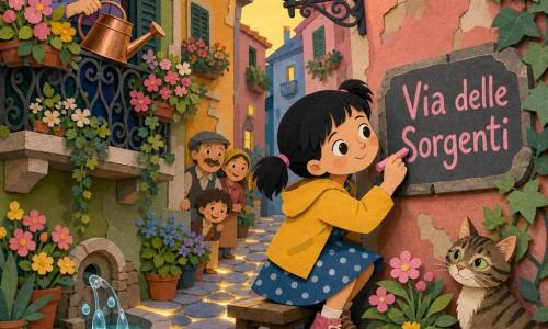 Una bambina di 6 anni, meravigliata e determinata, capelli neri in codini, occhi grandi, giacca giallo senape e vestito a pois blu, è accovacciata su una panchina mentre scrive con un grosso gessetto rosa "Via delle Sorgenti" su una vecchia targa; una donna di circa 70 anni con capelli grigi raccolti in uno chignon, sorriso dolce, tiene un annaffiatoio di rame e la guarda da un balcone fiorito a sinistra appoggiata a una ringhiera in ferro battuto; un gatto tigrato dagli occhi verdi è seduto vicino alle scarpe della bambina con la coda avvolta a un vaso; la ruelle è stretta con sampietrini grigio-blu, facciate pastello scrostate, un lampione di ferro leggermente inclinato e balconi pieni di piante e edera; alcune pietre sembrano brillare, gocce d'acqua escono da un vecchio canaletto e una luce dorata sale dal suolo come se la strada respirasse; la scena centrale: la bambina ristabilisce il vero nome della via e la strada riprende vita—fiori che si aprono, lampione che si accende, vicini che sorridono.