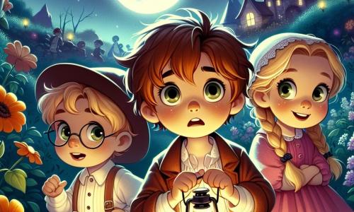 In un giardino notturno illuminato dalla dolce luce della luna, vediamo tre bambini. Marco, un ragazzo di sei anni con i capelli castani in disordine e occhi pieni di curiosità, tiene una piccola torcia che illumina il suo viso preoccupato. Accanto a lui, Sara, una ragazza con capelli biondi intrecciati e un vestito rosa, sorride incoraggiante, pronta a esplorare. Infine, Luca, un ragazzo dai capelli castani e occhiali rotondi, si tiene un po' indietro, con le braccia incrociate, ma con un'espressione determinata. Il giardino è pieno di fiori colorati, le cui ombre danzano al vento. Le stelle brillano nel cielo scuro e una grande luna rotonda illumina il paesaggio, creando un'atmosfera magica e misteriosa. La scena mostra Marco, Sara e Luca insieme, pronti a avventurarsi nel giardino, scoprendo le meraviglie del buio. Marco, con un misto di apprensione ed eccitazione, si avvicina a un'ombra che assomiglia a un grillo, mentre Sara lo incoraggia a non avere paura.