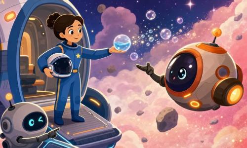Mira, donna adulta sorridente con casco sotto il braccio e tuta spaziale blu con una piccola stella gialla, porge una piccola sfera d'acqua trasparente dal suo vascello verso Zeta; accanto a lei il robot tondo Plico, corpo metallico opaco con un occhiolino luminoso, indica la traiettoria dal pannello di comando, mentre Zeta, navicella amica a forma di castagna con luci arancioni lampeggianti e un oblò brillante, galleggia di fronte; lo sfondo è la Nebulosa di Zucchero, una nube di polvere rosa pallido e bianca con particelle dorate e piccoli ciottoli spaziali, e la scena mostra lo scambio gentile attraverso un campo di bolle luminose con stelle scintillanti dietro.
