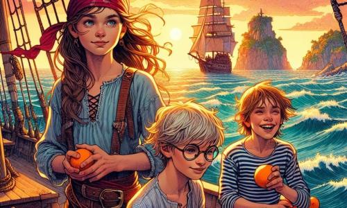 Kira, młoda, nieustraszona piratka w wieku około 12 lat, dumnie stoi na pokładzie swojego statku 