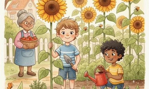 A radiant 10-year-old boy with a round freckled face and messy light brown hair holds a small wooden trowel and touches a sunflower stem in the foreground; his friend, also about 10, with curly black hair and a mischievous smile, kneels to the right watering a row of carrots with a red watering can; a smiling elderly neighbor woman with gray hair in a bun and round glasses stands at the garden entrance in the background left holding a basket of tomatoes; the small sunny backyard garden has freshly turned dark soil, rows of vegetables and herb pots, a tall row of bright yellow sunflowers, orange butterflies and bees, a white picket fence and a cozy house beyond; the boys celebrate their garden at dusk with golden light filtering through large leaves, water droplets sparkling and tactile details of soil, wood and petals.