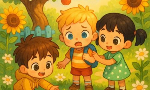 Three children, about five years old: Milo, left and slightly forward, tousled brown hair, hazel eyes, yellow hooded jacket, holding a crumpled small map in his right hand and reaching toward the pond; Jonah, center and leaning toward the water, short blond hair, freckles, blue backpack and striped socks, panicked as the map floats on the water; Mila, right on the grassy bank, black hair in pigtails, green polka-dot dress, holding Jonah’s hand and reassuring him with a hand on his shoulder. They stand in a small grassy clearing under a twisted old apple tree, bordered by giant sunflowers and daisies, with a round pond with water lilies at the center and a path of shiny stones from a blue wooden fence; late-afternoon soft light, warm saturated colors. The children discover the wet map floating like a little boat; Milo reaches to grab it while Jonah is surprised and Mila gently encourages, evoking a gentle adventure, small decisive gestures, solidarity and wonder.