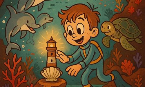 An 8-year-old boy with a round, freckled face, tousled light brown hair and wide, amazed eyes wears a light blue wetsuit with yellow stripes and gently touches a glowing underwater beacon on a coral rock; a gentle old sea turtle with a textured olive-brown shell swims slowly nearby, three playful silver-gray dolphins arc and spin to the left creating sparkling bubbles, all inside a vast underwater cave lined with colorful corals, translucent stalactites and schools of fish, bathed in warm golden light from the beacon; the scene is calm, magical and adventurous in a retro cartoon style with soft outlines and saturated colors.