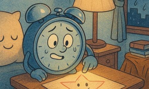 Twinkle, a small round blue enamel alarm clock with big shiny buttons and a smiling face, looks nervous but relieved as its slightly trembling white-painted hands press a button to turn on a round moon nightlight that casts a warm, softening glow; on the pine bedside table a pink-pencil star drawing shows a joyful star illuminated by a golden light; a cream fabric pillow character with sleepy embroidered eyes and a slight smile stands protectively to Twinkle’s left; a tall bedside lamp with a beige fabric shade watches reassuringly and casts a soft shadow behind Twinkle; a mustard crumpled throw on a chair forms a “mountain” and stacked books create a small “city” of silhouettes against pale blue walls; the cozy light-wood room has a rainy window with a moving curtain, parquet floor, and small orange-amber light spots making long shadows; the scene captures the moment fear of the dark turns into comfort, with simple composition, soft contrasts, paper-like textures, and a warm palette of blues, yellows, and pinks.