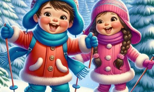 A 9-year-old boy named Oliver stands at the top of a small snowy hill, his face beaming with joy and excitement. He wears a thick red coat, a bright blue beanie, and matching gloves, with rosy cheeks from the cold. Oliver is skiing down, arms spread wide for balance, a big smile on his face. Next to him is his best friend Mia, also 9, with braided brown hair, wearing a pink coat and a pom-pom hat. She laughs at him, ready to join him on the slope, holding a pair of colorful skis. The enchanting winter landscape features majestic snow-covered fir trees, a clear blue sky with white clouds, and snowflakes gently falling around them. In the distance, families are having fun on other slopes, adding to the festive atmosphere. The main scene shows Oliver and Mia getting ready to ski down the hill, filled with enthusiasm and camaraderie, eager for a new winter adventure together.